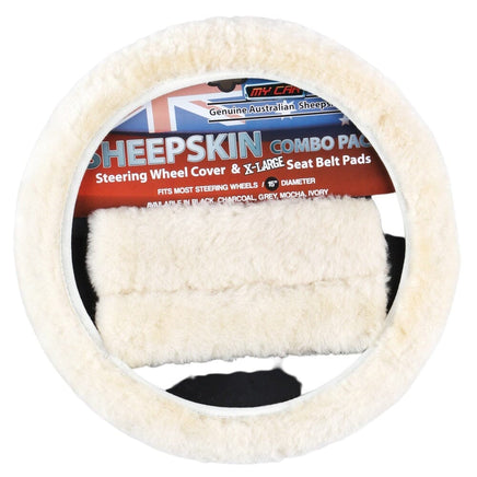 Sheepskin Steering Wheel Cover & Seat Belt Pads Combo Luxury - Ivory Kings Warehouse