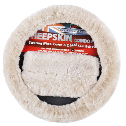 Sheepskin Steering Wheel Cover & Seat Belt Pads Combo Luxury - Mocha Kings Warehouse