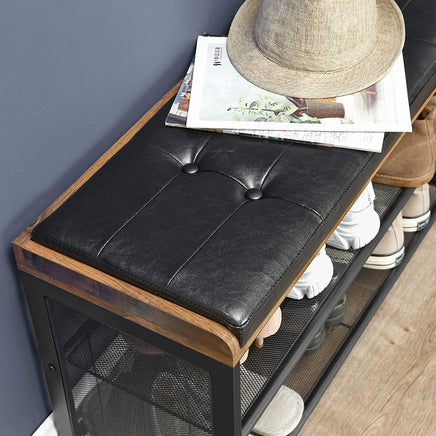Shoe Bench with Mesh Shelf and Faux Leather Vintage Brown Black 80 x 30 x 48 cm Storage Supplies Kings Warehouse