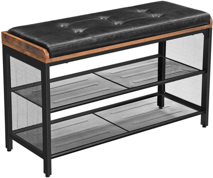 Shoe Bench with Mesh Shelf and Faux Leather Vintage Brown Black 80 x 30 x 48 cm Storage Supplies Kings Warehouse