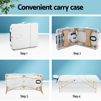 Zenses Massage Table 70cm 3 Fold Wooden Portable Beauty Therapy Bed Waxing White KingsWarehouse
