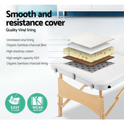 Zenses Massage Table 70cm 3 Fold Wooden Portable Beauty Therapy Bed Waxing White KingsWarehouse