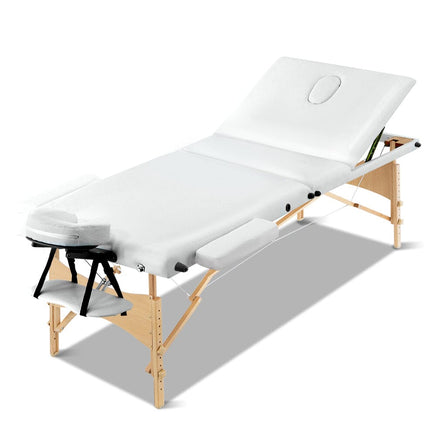 Zenses Massage Table 70cm 3 Fold Wooden Portable Beauty Therapy Bed Waxing White KingsWarehouse
