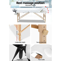 Zenses Massage Table 70cm 3 Fold Wooden Portable Beauty Therapy Bed Waxing White KingsWarehouse