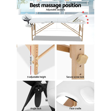Zenses Massage Table 70cm 3 Fold Wooden Portable Beauty Therapy Bed Waxing White KingsWarehouse