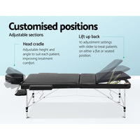 Zenses Massage Table 75cm 3 Fold Aluminium Beauty Bed Portable Therapy Black KingsWarehouse