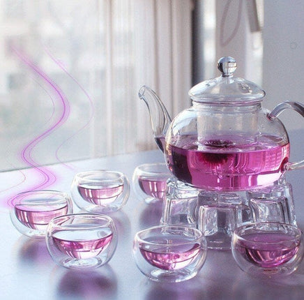1 Set of Gongfu Chinese Ceremony Tea Set - 6 Glass cups with Infuser and Tealight Candle Pot Warmer Food & Beverage Kings Warehouse 