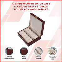 10 Grids Wooden Watch Case Glass Jewellery Storage Holder Box Wood Display Home & Garden Kings Warehouse 