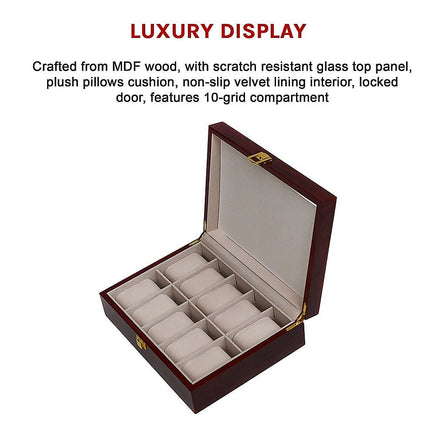 10 Grids Wooden Watch Case Glass Jewellery Storage Holder Box Wood Display Home & Garden Kings Warehouse 