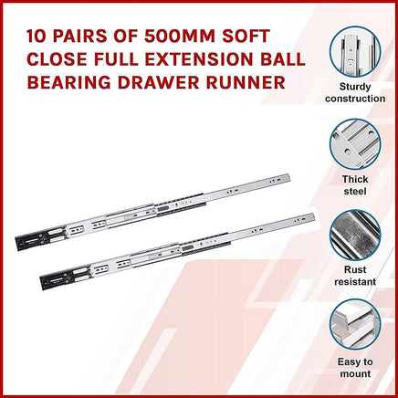 10 Pairs of 500mm Soft Close Full Extension Ball Bearing Drawer Runner Kings Warehouse 