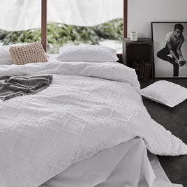 100% Premium Brushed Microfibre Tufted (3Pcs) Quilt Cover Set - White - King Size Home & Garden Kings Warehouse