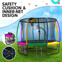 10ft Outdoor Trampoline Kids Children With Safety Enclosure Pad Mat Ladder Basketball Hoop Set - Rainbow Sports & Fitness Kings Warehouse 