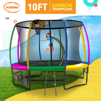 10ft Outdoor Trampoline Kids Children With Safety Enclosure Pad Mat Ladder Basketball Hoop Set - Rainbow Sports & Fitness Kings Warehouse 