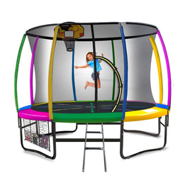 10ft Outdoor Trampoline Kids Children With Safety Enclosure Pad Mat Ladder Basketball Hoop Set - Rainbow Sports & Fitness Kings Warehouse 