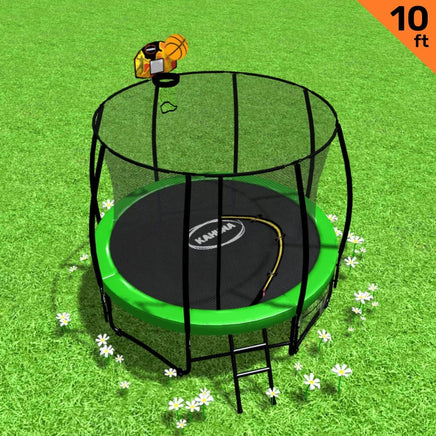 10ft Outdoor Trampoline With Safety Enclosure Pad Ladder Basketball Hoop Set Green Sports & Fitness Kings Warehouse 