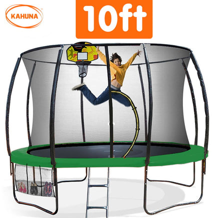 10ft Outdoor Trampoline With Safety Enclosure Pad Ladder Basketball Hoop Set Green Sports & Fitness Kings Warehouse 