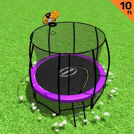 10ft Outdoor Trampoline With Safety Enclosure Pad Ladder Basketball Hoop Set Purple Sports & Fitness Kings Warehouse 