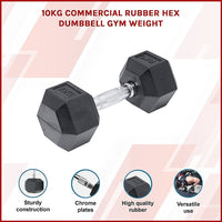 10KG Commercial Rubber Hex Dumbbell Gym Weight Sports & Fitness Kings Warehouse 