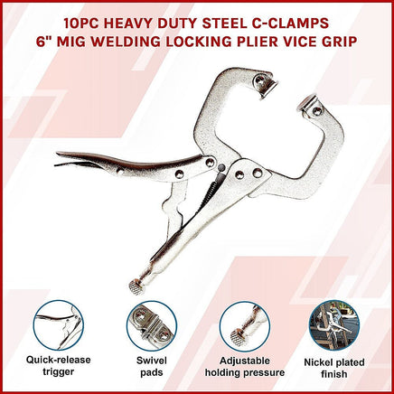 10pc Heavy Duty Steel C-Clamps 6" Mig Welding Locking Plier Vice Grip Tools Kings Warehouse 