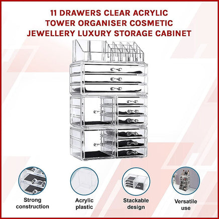 11 Drawers Clear Acrylic Tower Organiser Cosmetic jewellery Luxury Storage Cabinet Health & Beauty Kings Warehouse 