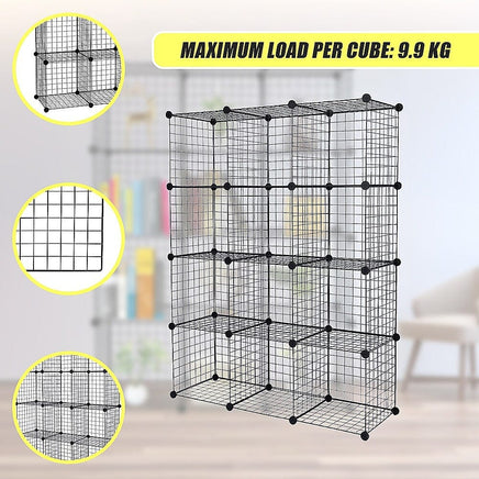 12 Cube Wire Grid Organiser Bookcase Storage Cabinet Wardrobe Closet Black Furniture Kings Warehouse 