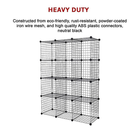 12 Cube Wire Grid Organiser Bookcase Storage Cabinet Wardrobe Closet Black Furniture Kings Warehouse 