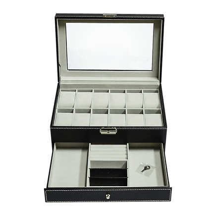 12 Grids Watch Display Case Leather jewellery Storage Box Organiser Lock Key Home & Garden Kings Warehouse 
