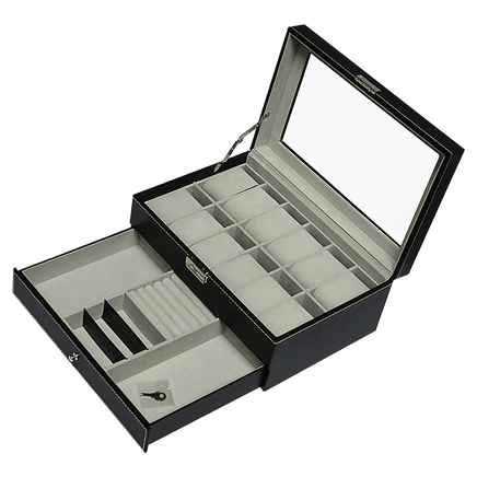 12 Grids Watch Display Case Leather jewellery Storage Box Organiser Lock Key Home & Garden Kings Warehouse 