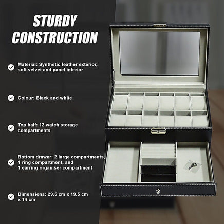 12 Grids Watch Display Case Leather jewellery Storage Box Organiser Lock Key Home & Garden Kings Warehouse 