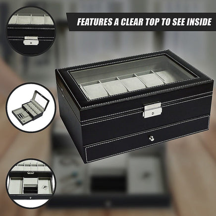 12 Grids Watch Display Case Leather jewellery Storage Box Organiser Lock Key Home & Garden Kings Warehouse 