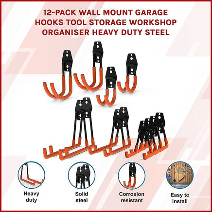 12-Pack Wall Mount Garage Hooks Tool Storage Workshop Organiser Heavy Duty Steel Home & Garden Kings Warehouse 