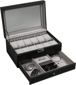 12 Slot PU Leather Lockable Watch and Jewelry Storage Boxes (Black) Kings Warehouse 