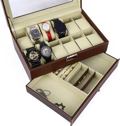 12 Slot PU Leather Lockable Watch and Jewelry Storage Boxes (Brown) Kings Warehouse 
