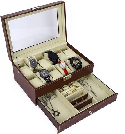 12 Slot PU Leather Lockable Watch and Jewelry Storage Boxes (Brown) Kings Warehouse 