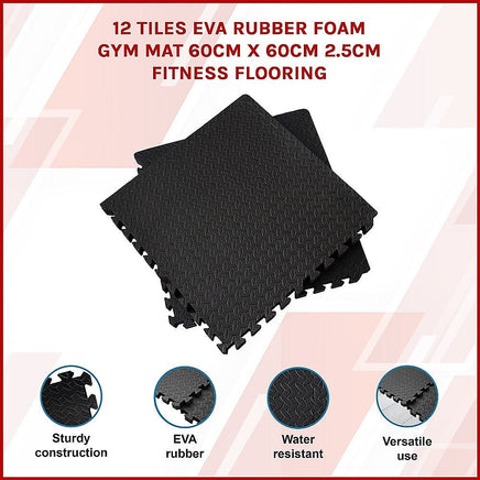 12 Tiles EVA Rubber Foam Gym Mat 60x60cm – 2.5cm Thick Fitness Flooring Set Sports & Fitness Kings Warehouse 
