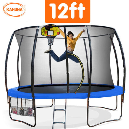 12ft Outdoor Trampoline Kids Children With Safety Enclosure Pad Mat Ladder Basketball Hoop Set - Blue Sports & Fitness Kings Warehouse 