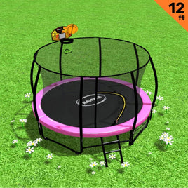 12ft Outdoor Trampoline Kids Children With Safety Enclosure Pad Mat Ladder Basketball Hoop Set - Pink Sports & Fitness Kings Warehouse 