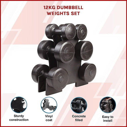 12kg Dumbbell Weights Set with Rack for Home Gym Training Sports & Fitness Kings Warehouse 