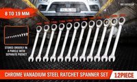 12Pc Ratchet Spanner Set Metric Open & Ring Wrenches 8-19mm CR-V + Rolling Bag Home & Garden Kings Warehouse 