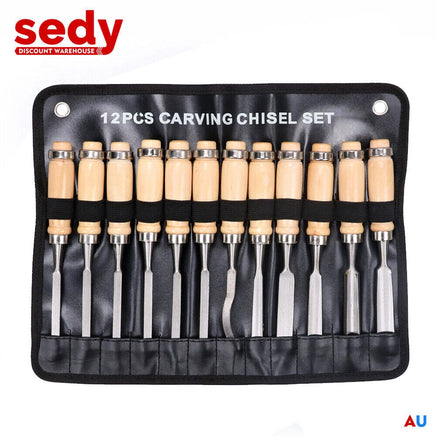 12Pc Wood Carving Chisel Set Knife High Carbon Steel Woodworking Rolling Pouch Tools Kings Warehouse 
