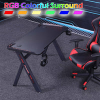 140cm RGB Gaming Desk Home Office Carbon Fiber Led Lights Game Racer Computer PC Table Y-Shaped Black Furniture Kings Warehouse 