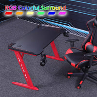 140cm RGB Gaming Desk Home Office Carbon Fiber Led Lights Game Racer Computer PC Table Z-Shaped Red Furniture Kings Warehouse 