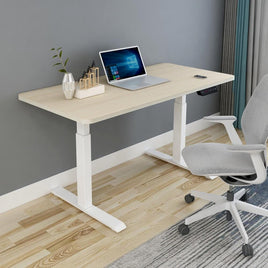 140cm Standing Desk Height Adjustable Sit Stand Motorised White Dual Motors Frame Maple Top Furniture Kings Warehouse 