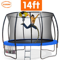 14ft Outdoor Trampoline Kids Children With Safety Enclosure Pad Mat Ladder Basketball Hoop Set - Blue Sports & Fitness Kings Warehouse 