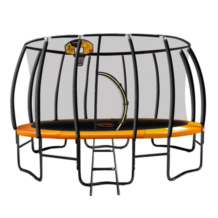 14ft Outdoor Trampoline Kids Children With Safety Enclosure Pad Mat Ladder Basketball Hoop Set - Orange Sports & Fitness Kings Warehouse 