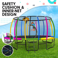 14ft Outdoor Trampoline Kids Children With Safety Enclosure Pad Mat Ladder Basketball Hoop Set - Rainbow Sports & Fitness Kings Warehouse 