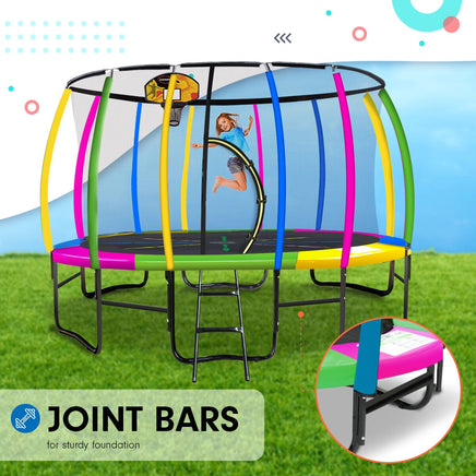 14ft Outdoor Trampoline Kids Children With Safety Enclosure Pad Mat Ladder Basketball Hoop Set - Rainbow Sports & Fitness Kings Warehouse 