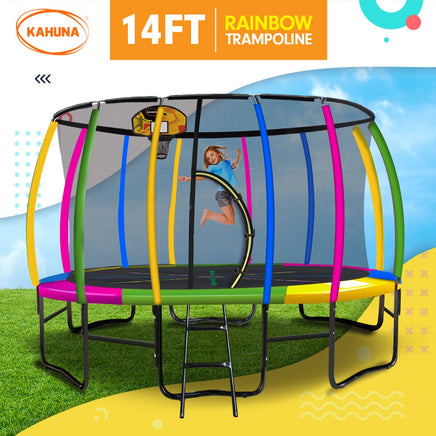 14ft Outdoor Trampoline Kids Children With Safety Enclosure Pad Mat Ladder Basketball Hoop Set - Rainbow Sports & Fitness Kings Warehouse 