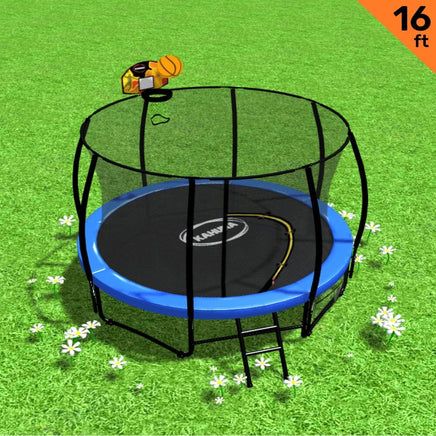 16ft Outdoor Trampoline Kids Children With Safety Enclosure Pad Mat Ladder Basketball Hoop Set - Blue Sports & Fitness Kings Warehouse 