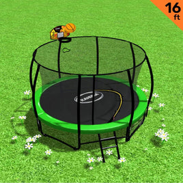 16ft Outdoor Trampoline Kids Children With Safety Enclosure Pad Mat Ladder Basketball Hoop Set - Green Sports & Fitness Kings Warehouse 